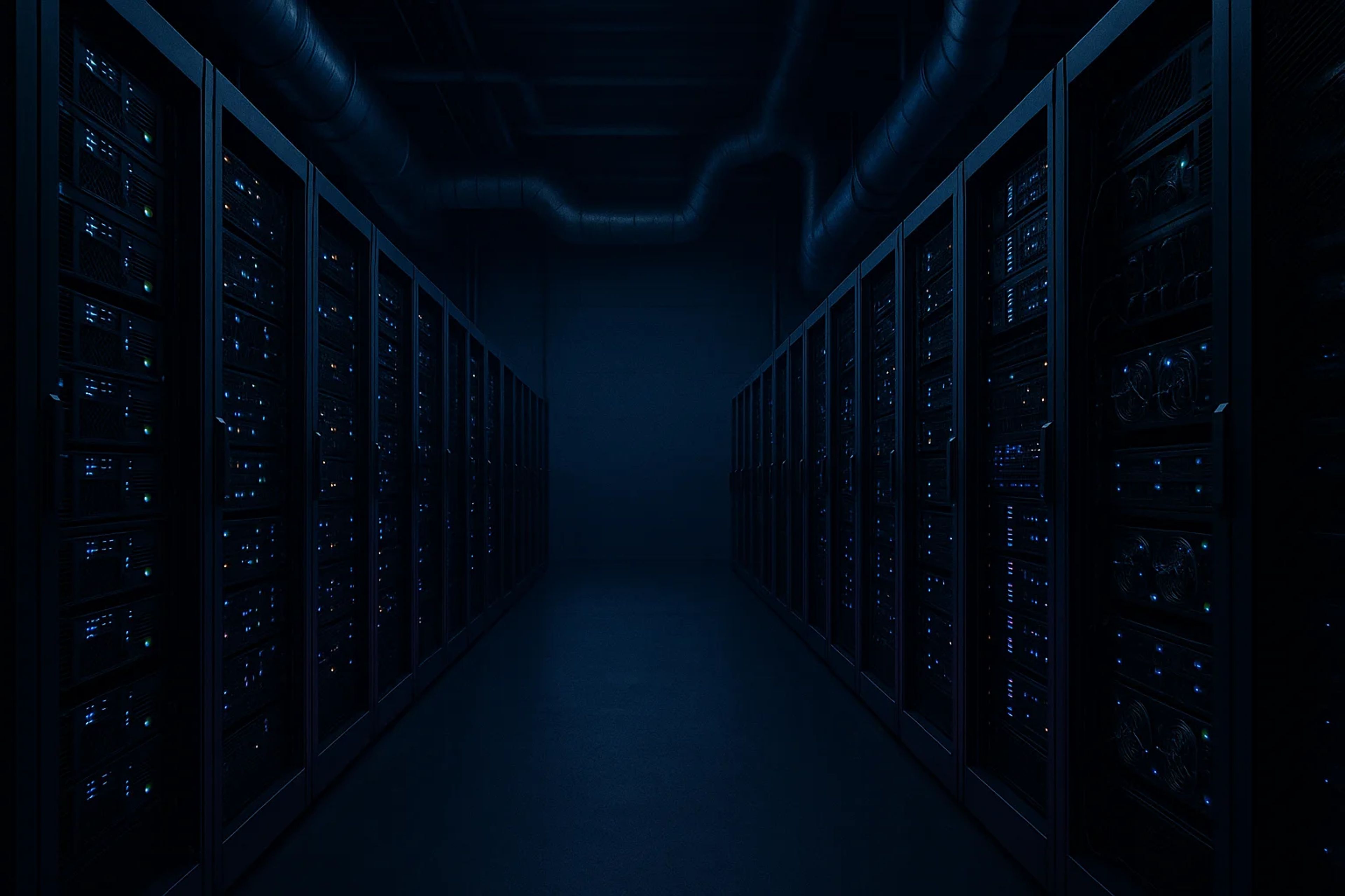 Dimly lit server room with rows of servers