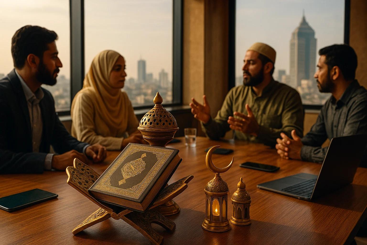 Four people engaged in discussion around a table