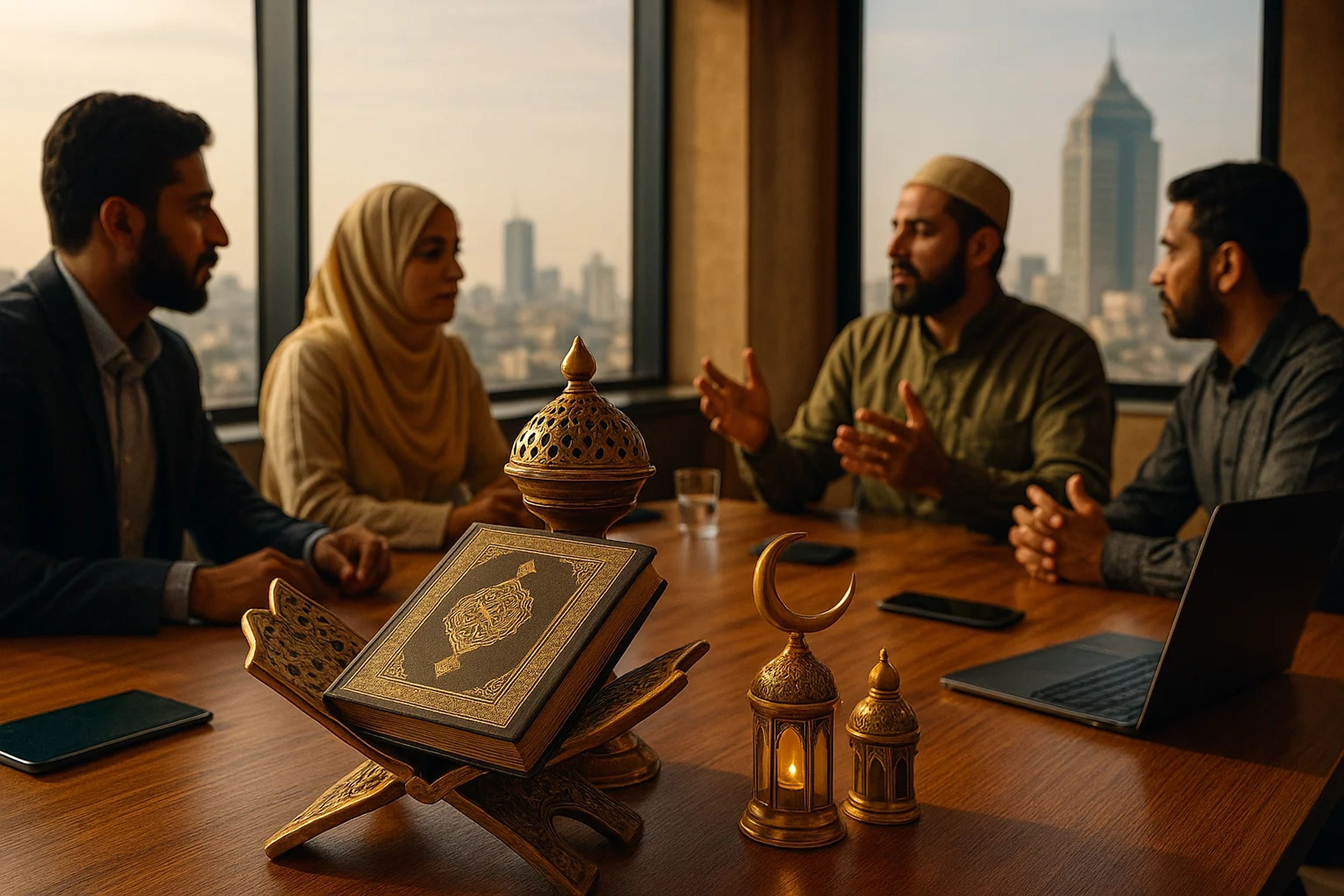 Four people engaged in discussion around a table