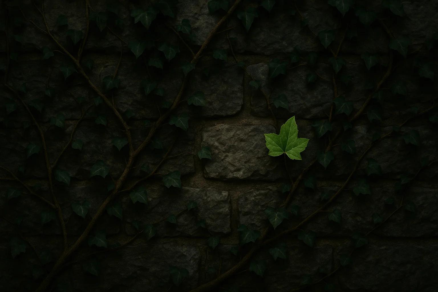 A single green leaf on a stone wall covered with