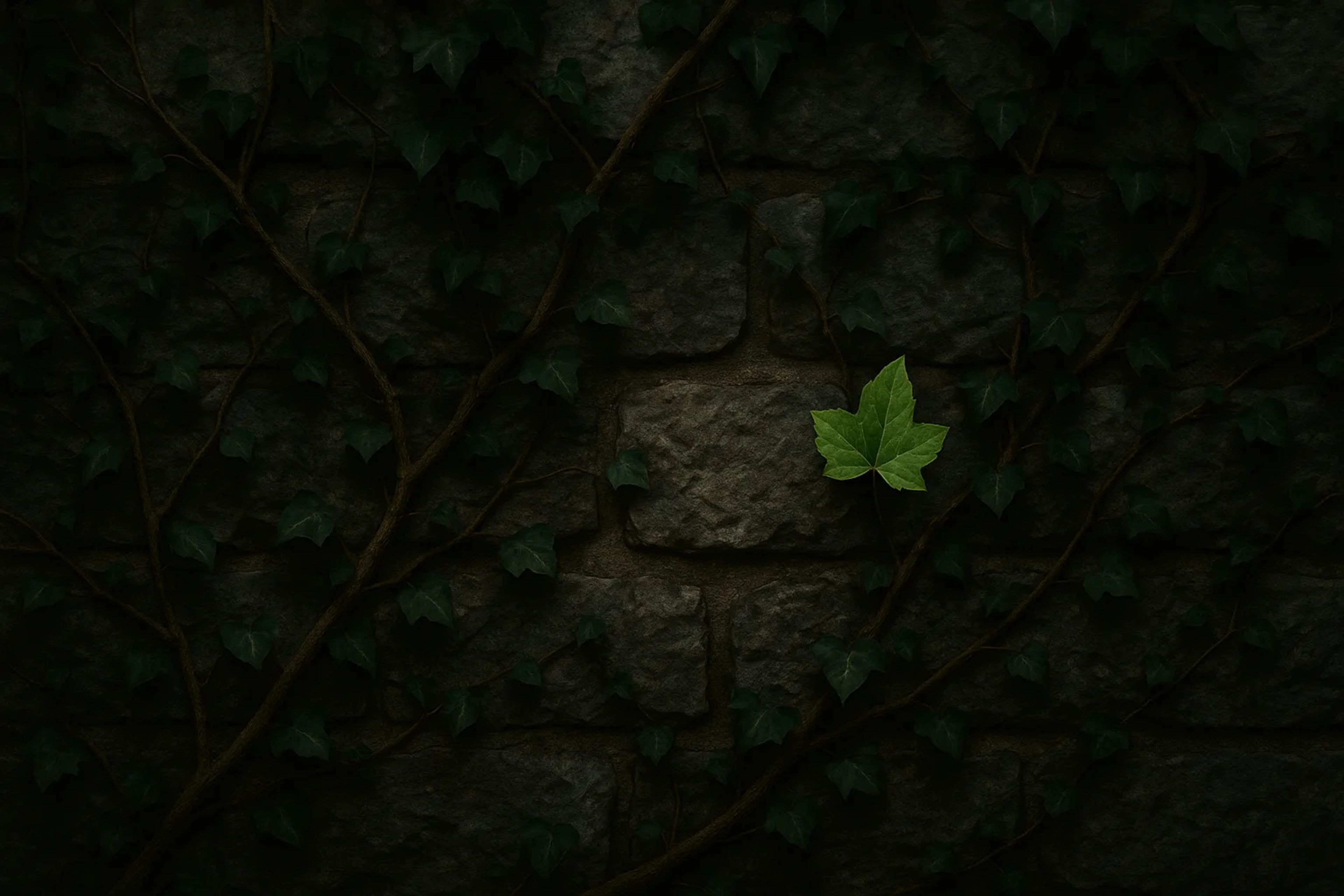 A single green leaf on a stone wall covered with