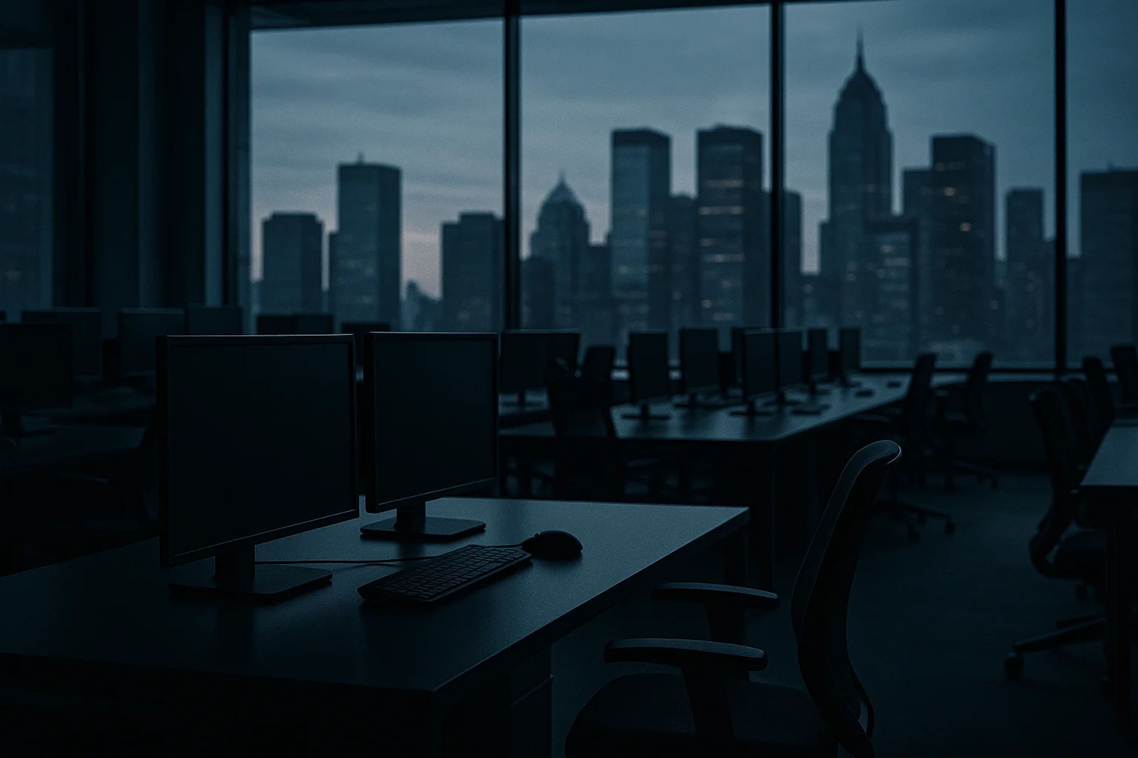 Dimly lit office with computer desks and city