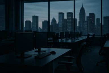 Dimly lit office with computer desks and city