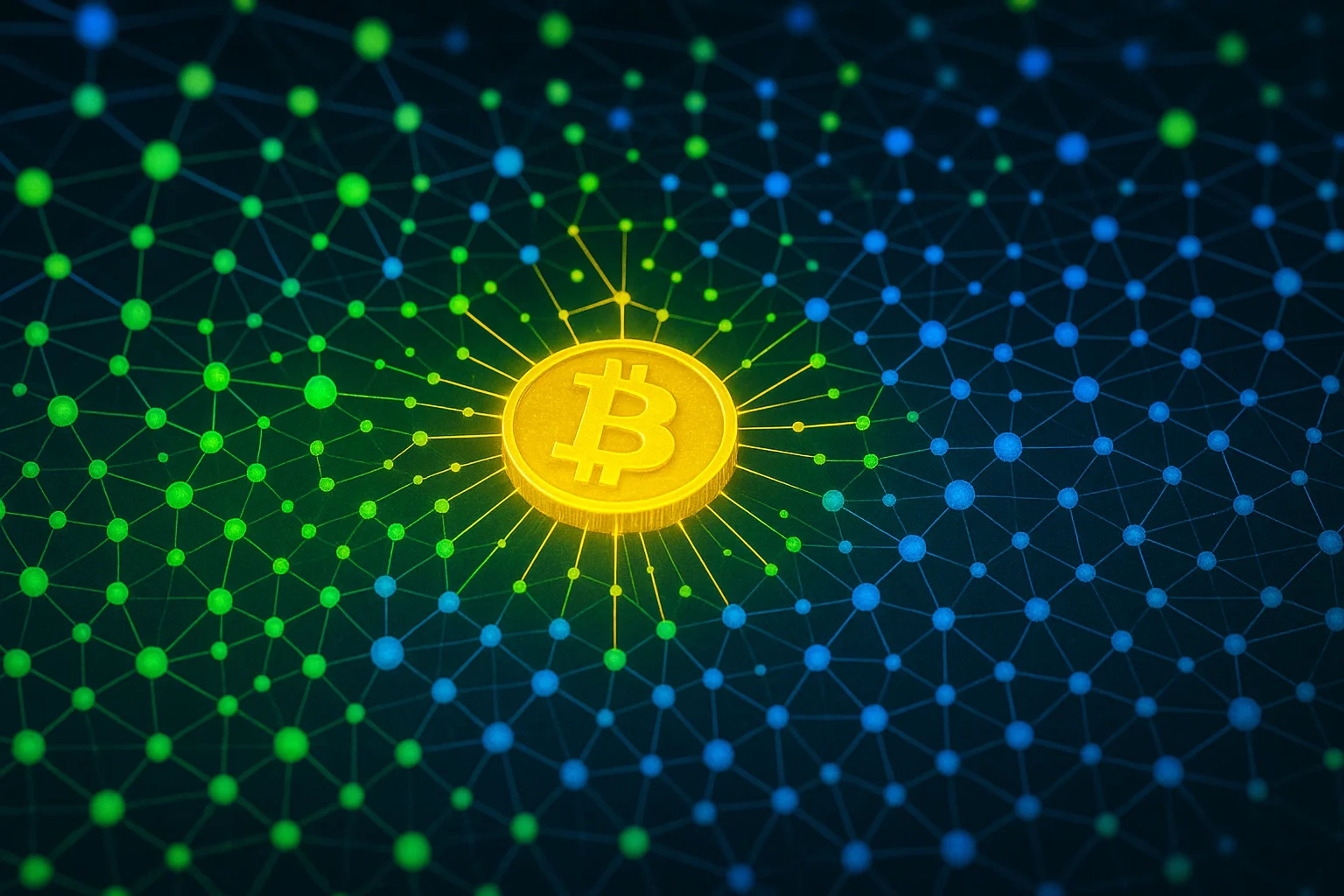 A glowing Bitcoin symbol surrounded by a network