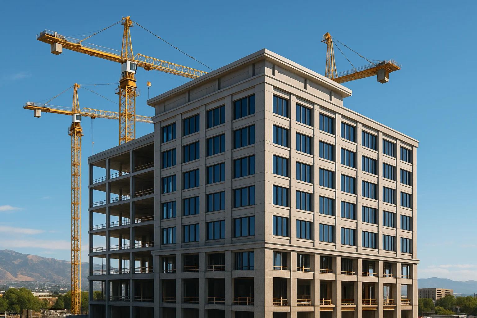 Modern building under construction with cranes
