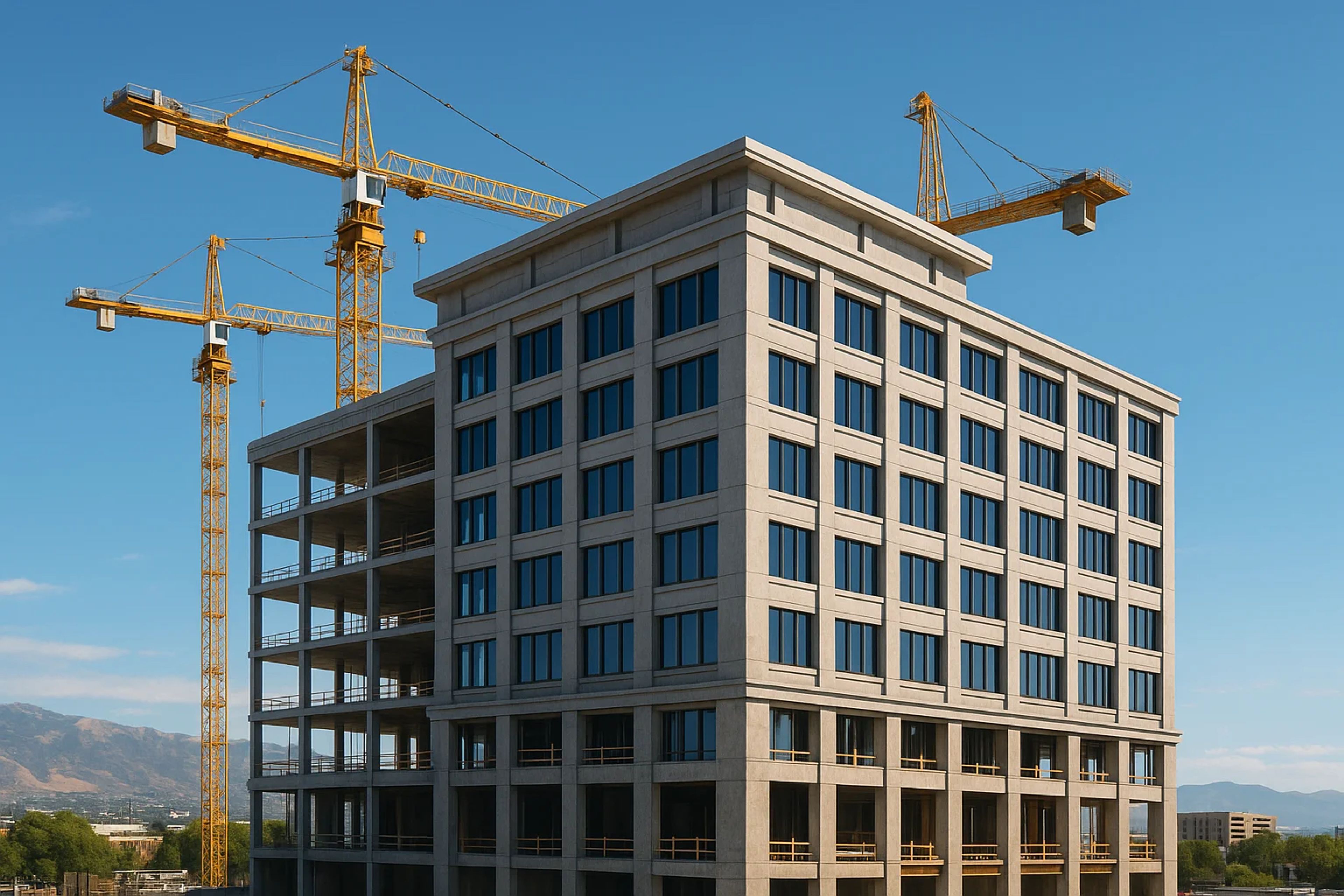 Modern building under construction with cranes