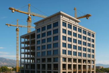 Modern building under construction with cranes
