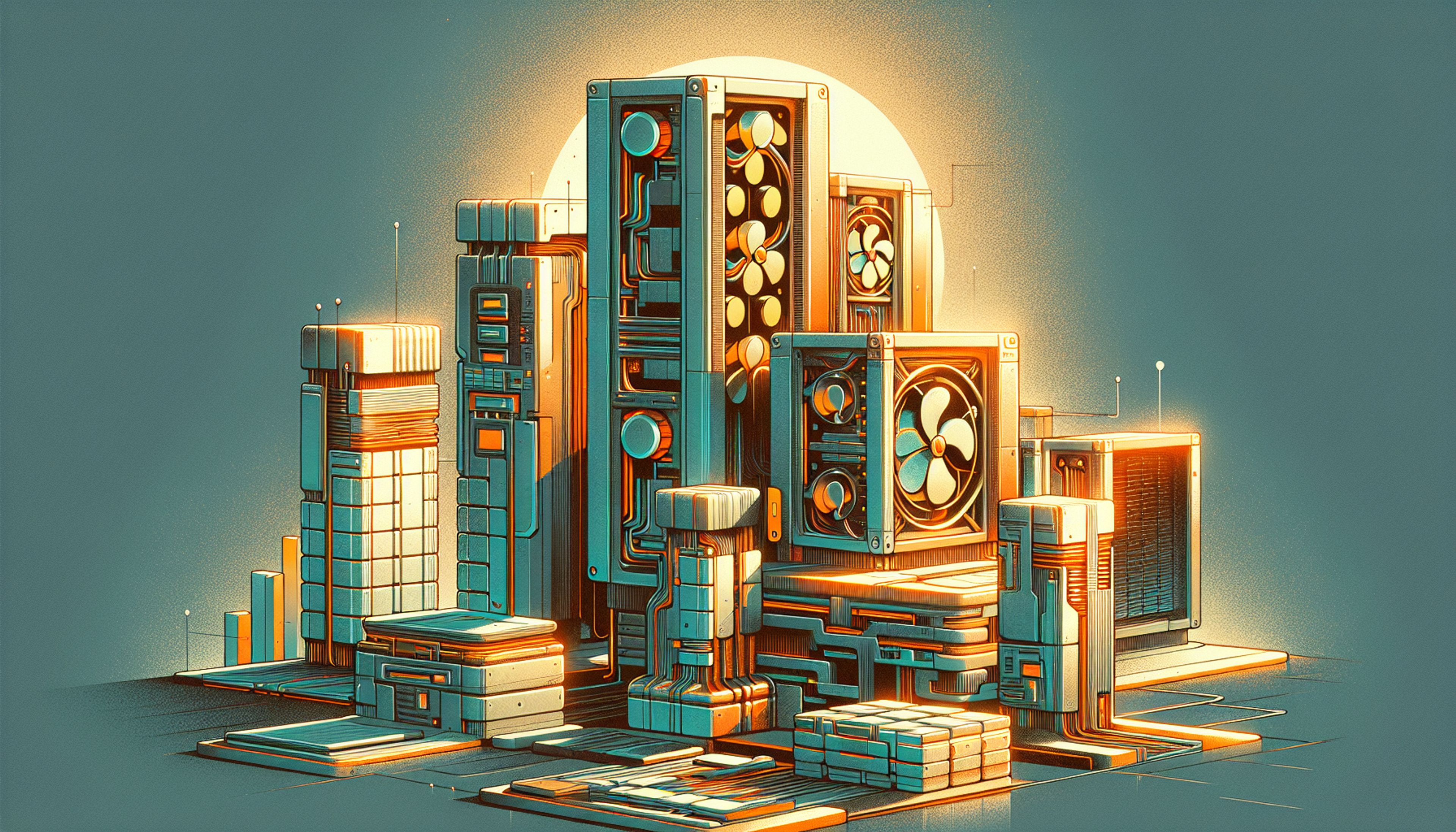 Stylized futuristic computer components and towers