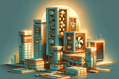 Stylized futuristic computer components and towers