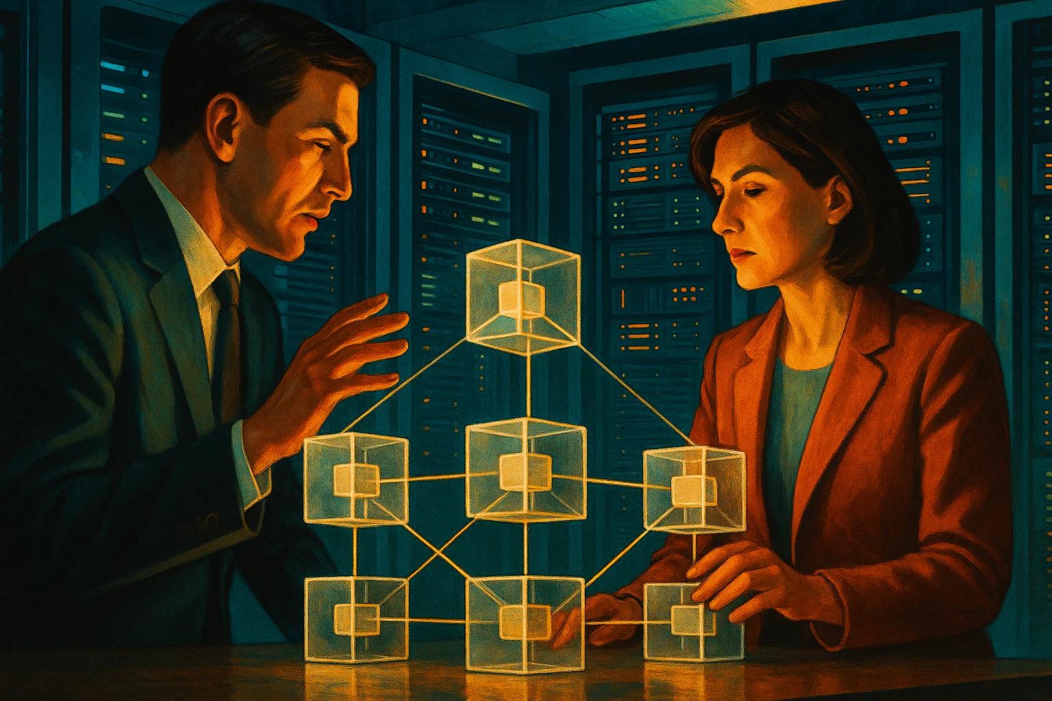 Two people examining a glowing geometric structure