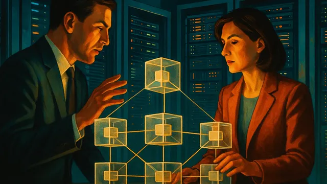 Two people examining a glowing geometric structure