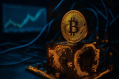 A Bitcoin coin on a circuit board with glowing