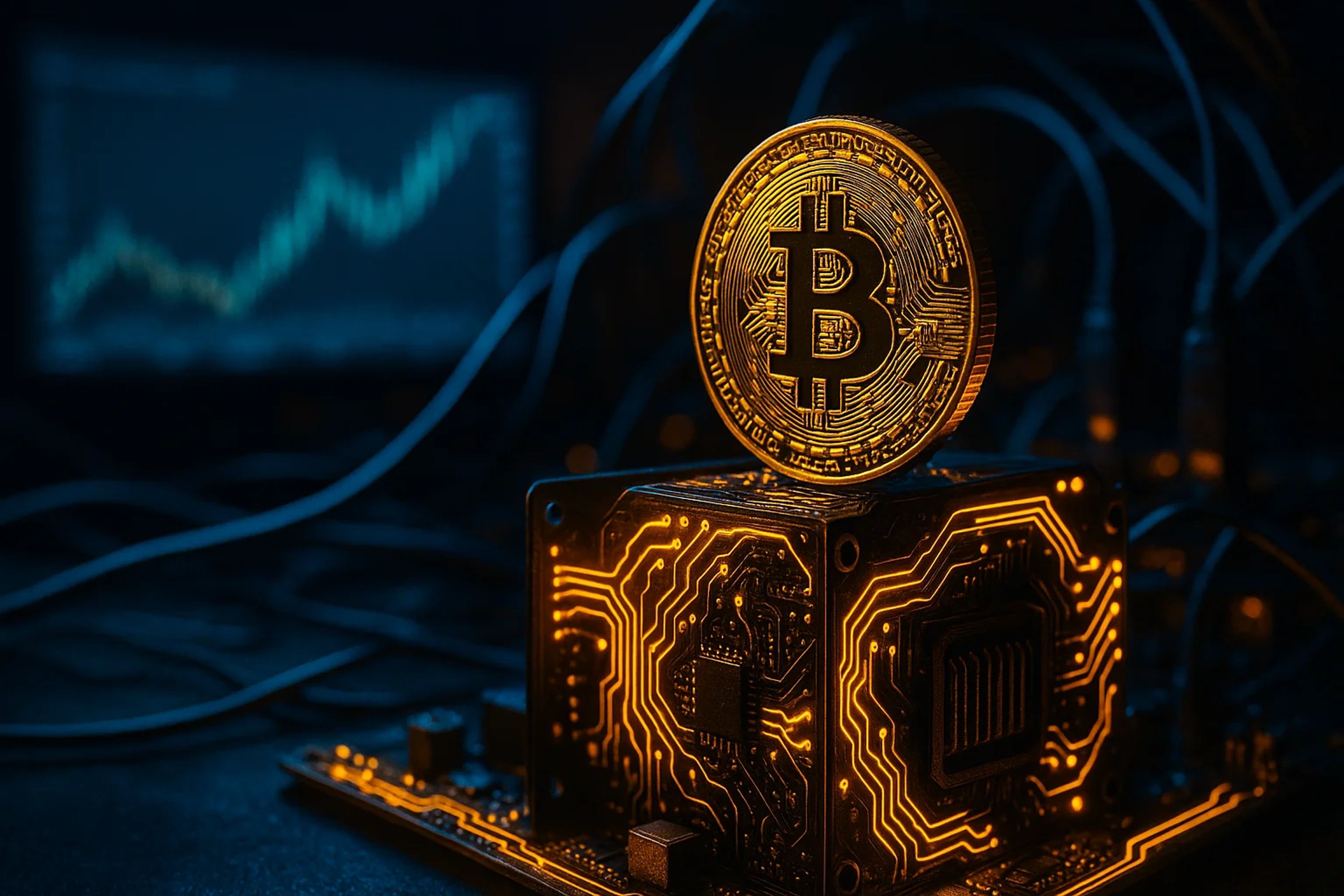 A Bitcoin coin on a circuit board with glowing