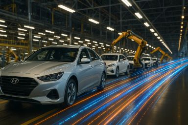 Silver cars on an assembly line with robotic arms