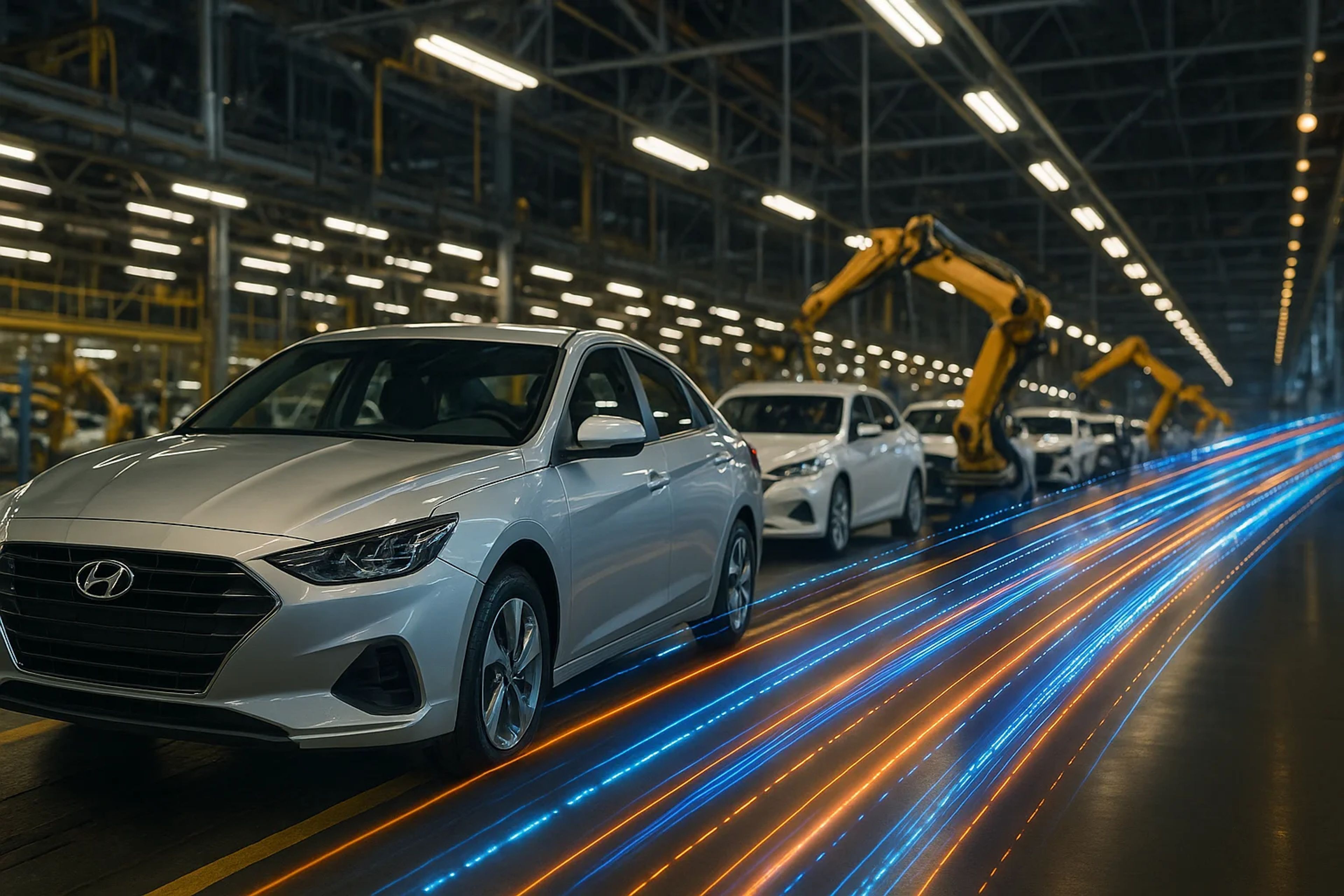Silver cars on an assembly line with robotic arms