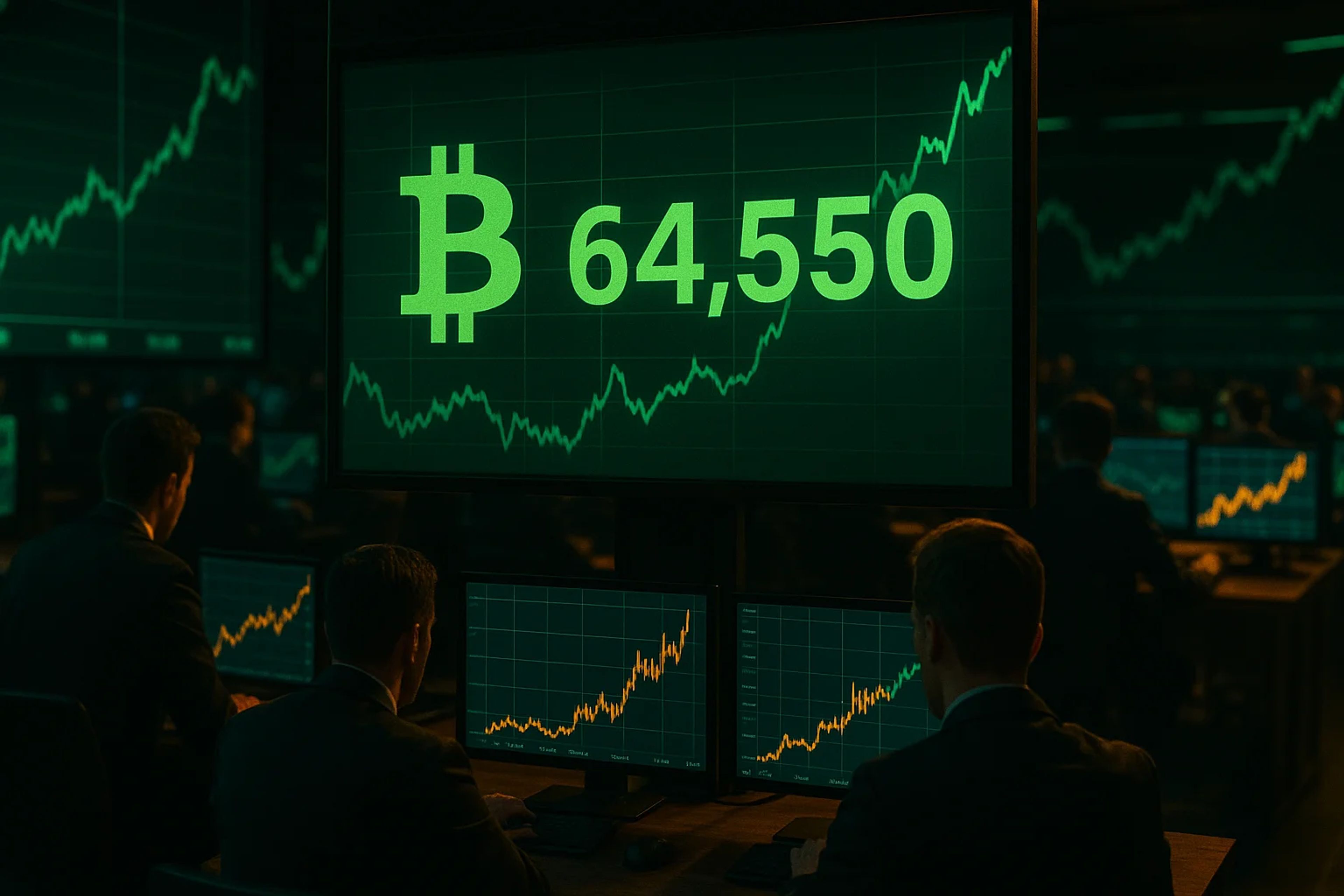 Traders in suits monitor financial graphs and data