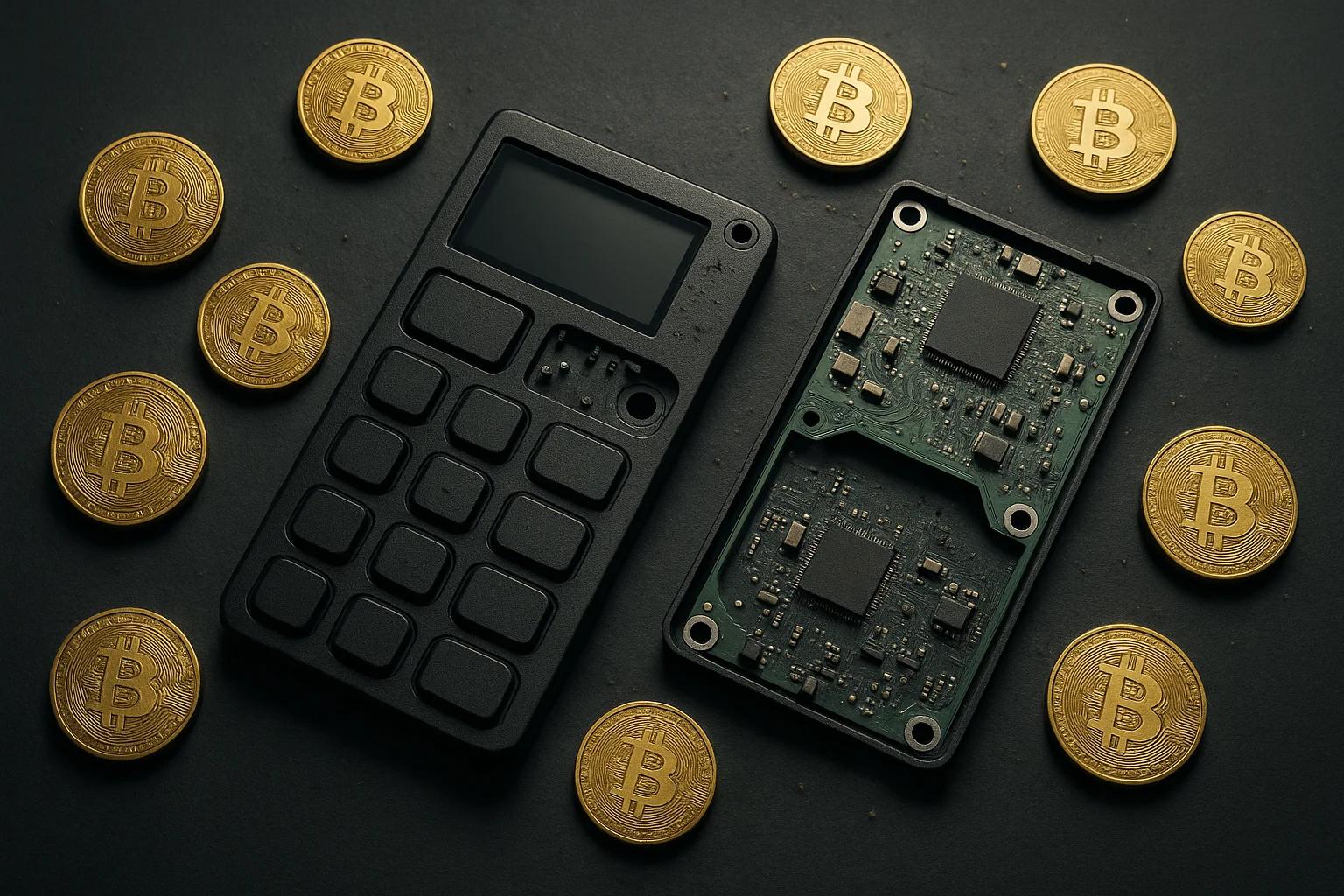 A cryptocurrency hardware wallet surrounded by
