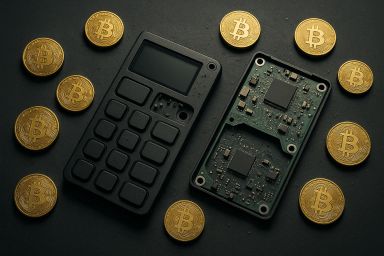 A cryptocurrency hardware wallet surrounded by