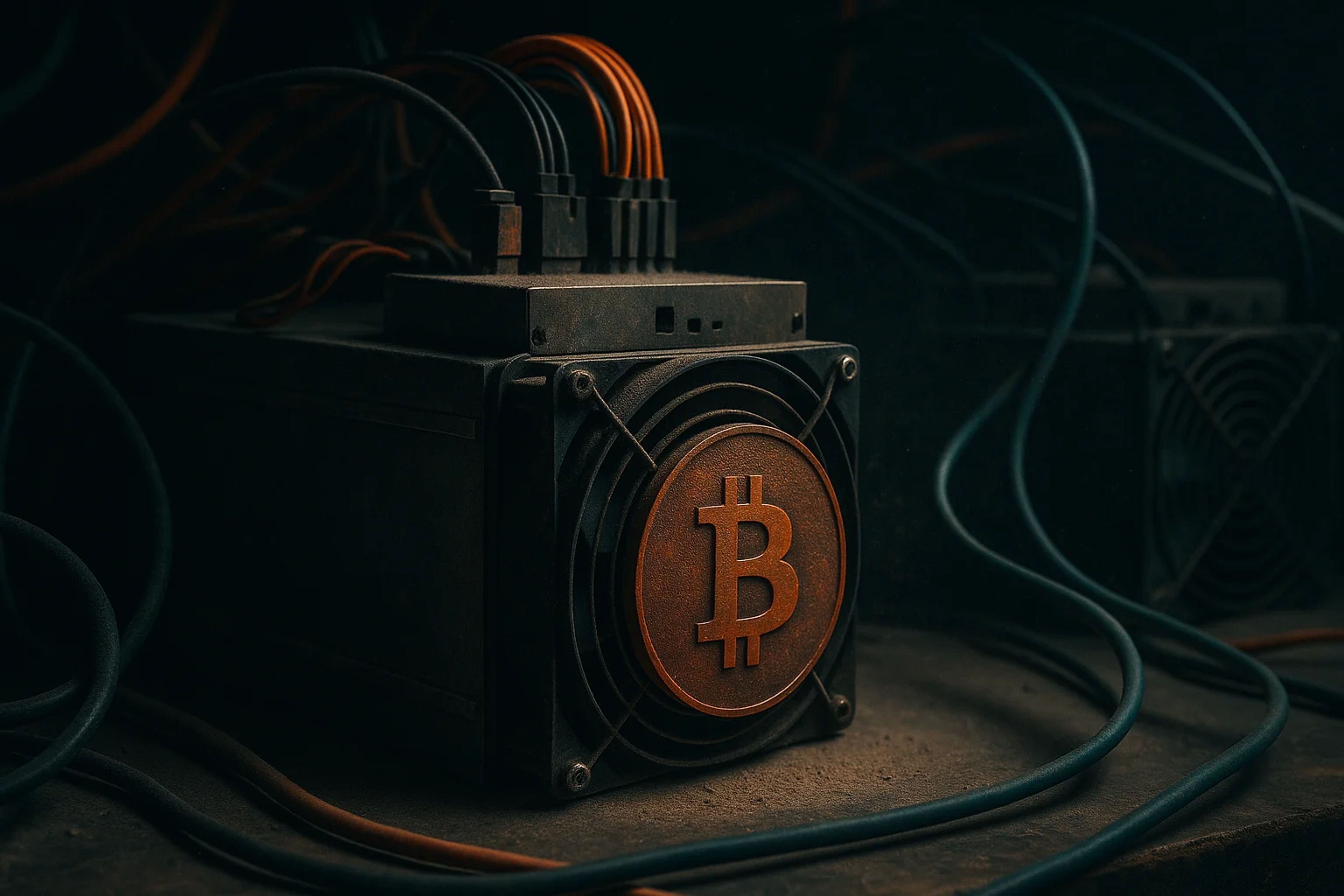 A Bitcoin mining machine surrounded by tangled