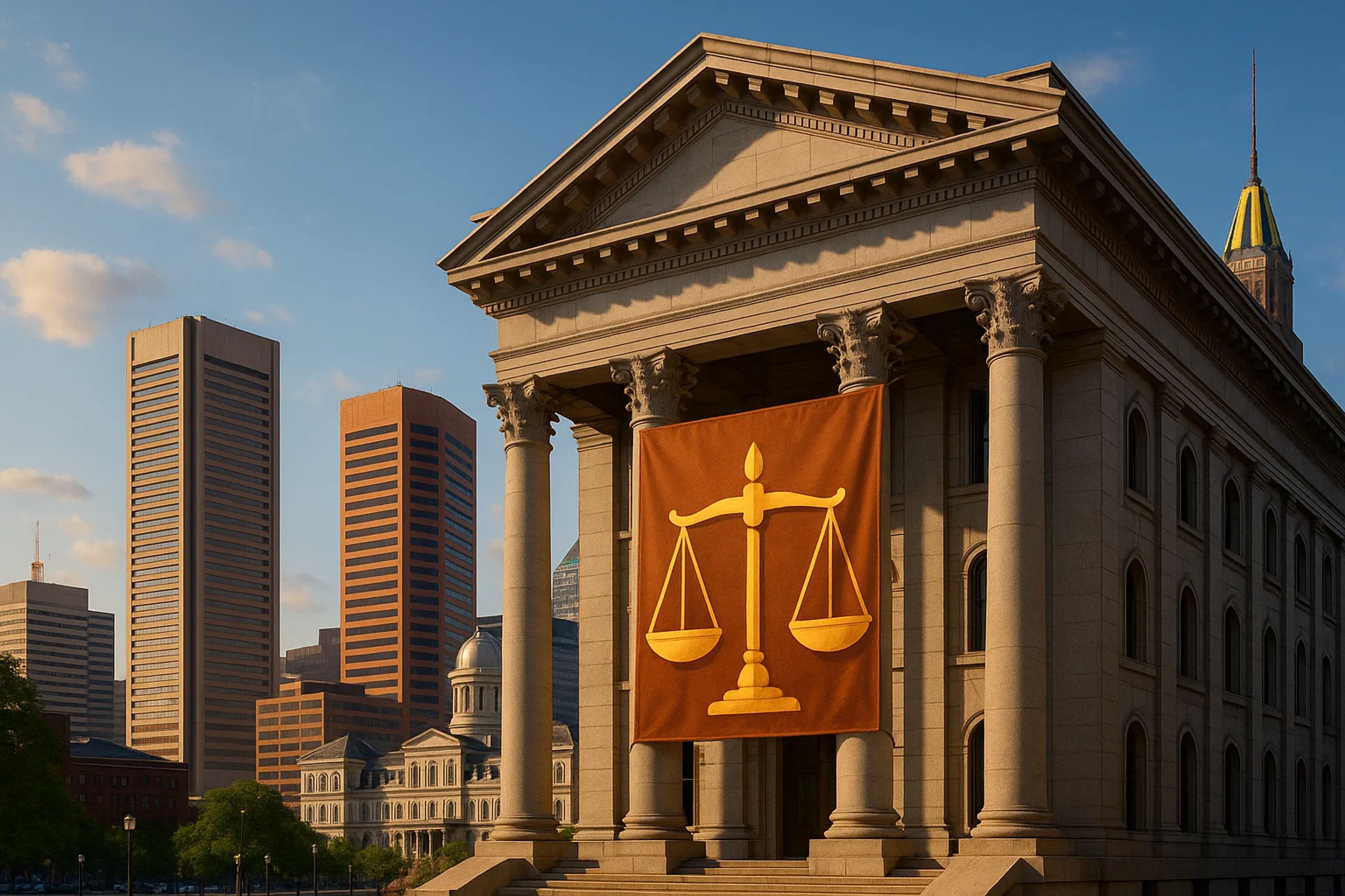 Historic building with columns and a large banner