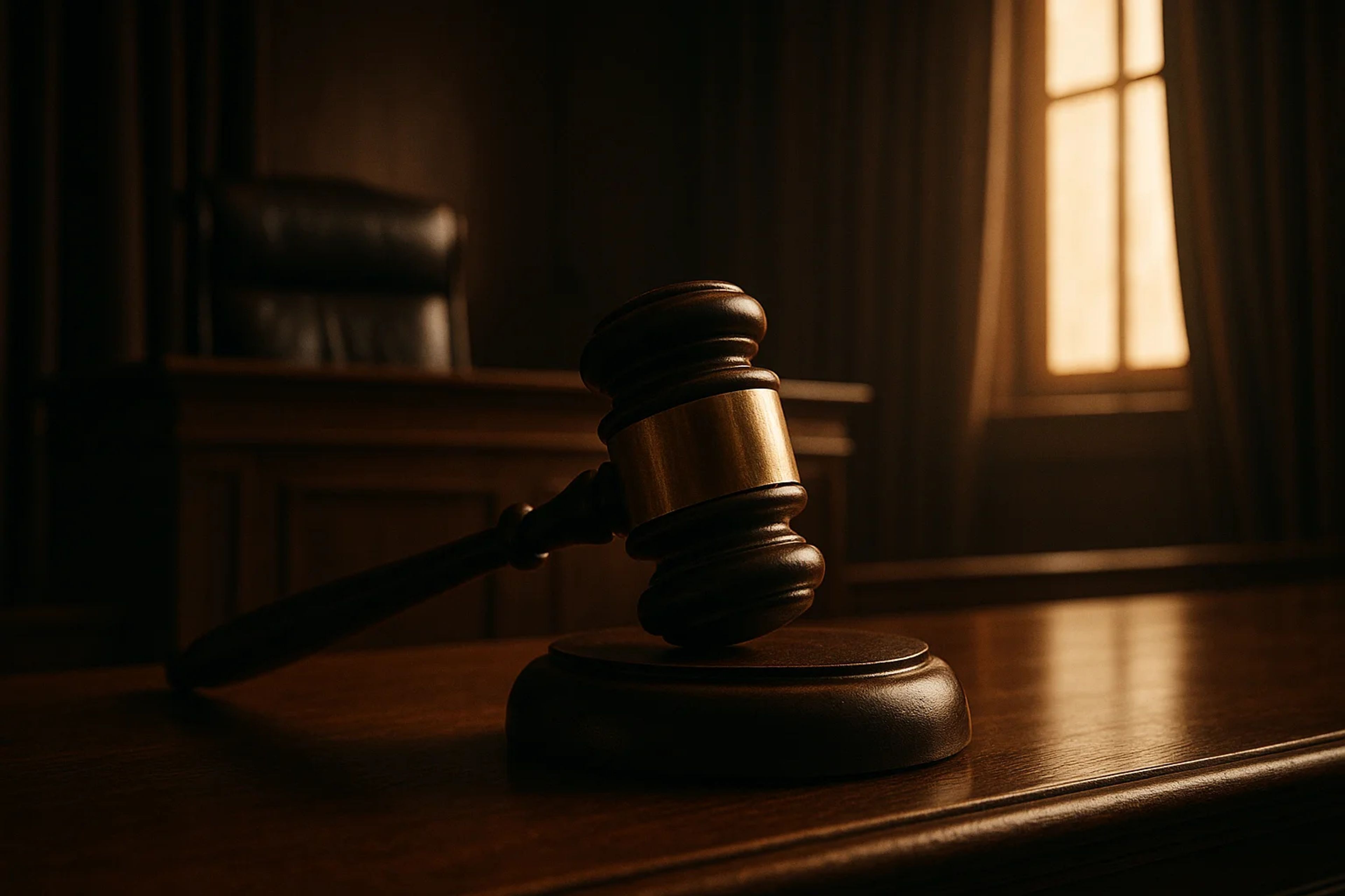 Wooden gavel resting on a desk in a dimly lit