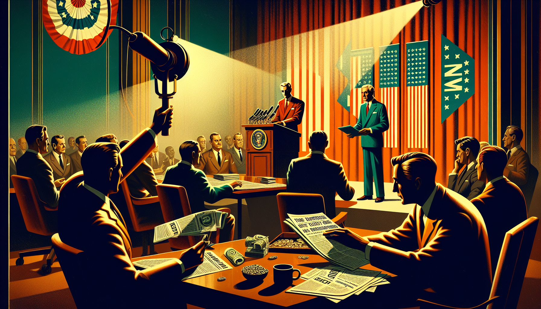 Vintage-style political meeting with a podium