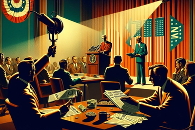 Vintage-style political meeting with a podium