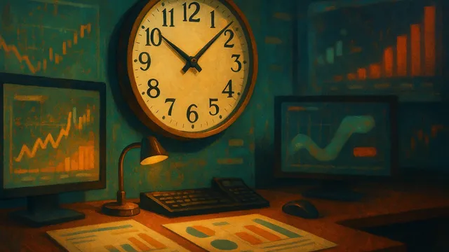 A desk with a clock, computer screens, and charts
