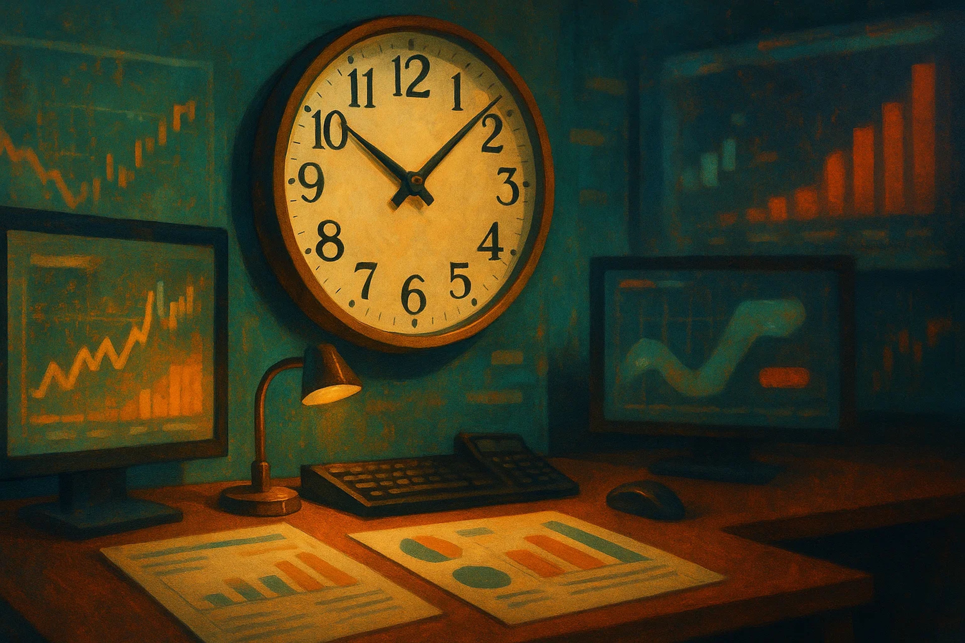 A desk with a clock, computer screens, and charts