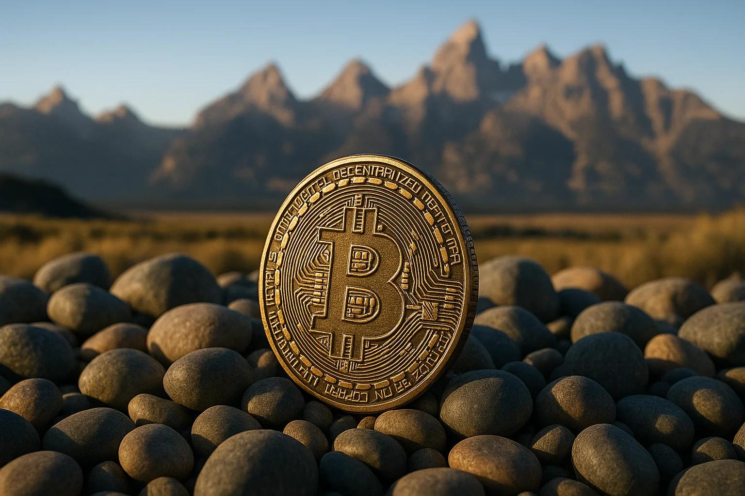 A Bitcoin coin resting on smooth pebbles with
