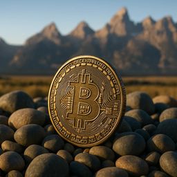 A Bitcoin coin resting on smooth pebbles with