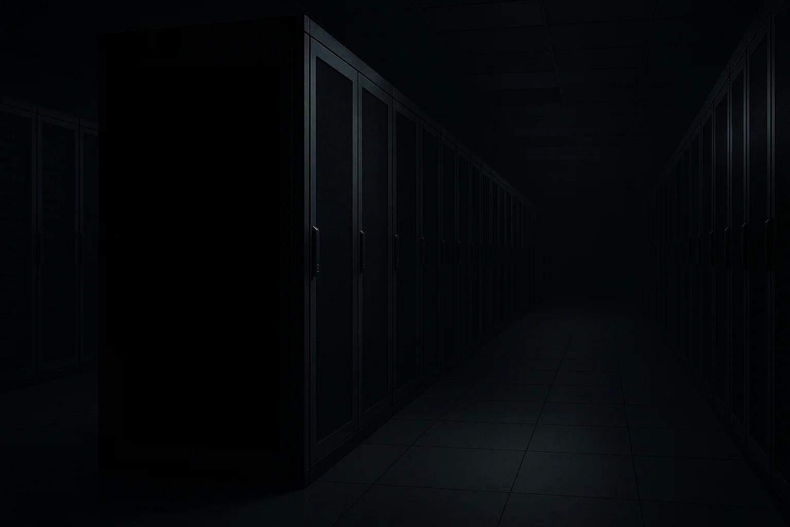 Dimly lit corridor with dark server cabinets