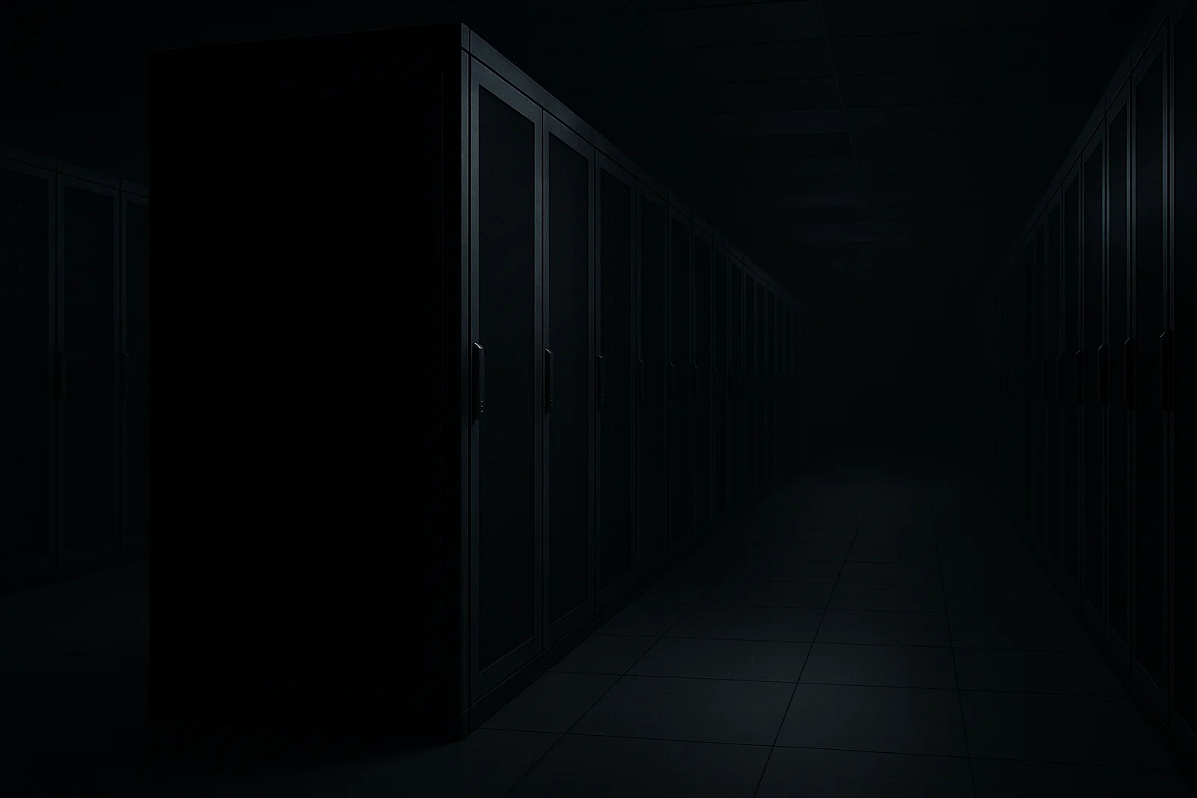 Dimly lit corridor with dark server cabinets