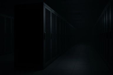 Dimly lit corridor with dark server cabinets