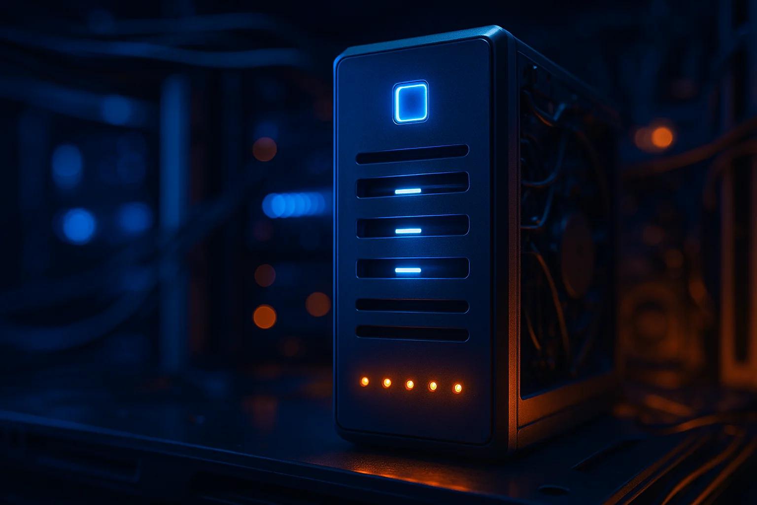 A computer tower with blue and orange LED lights