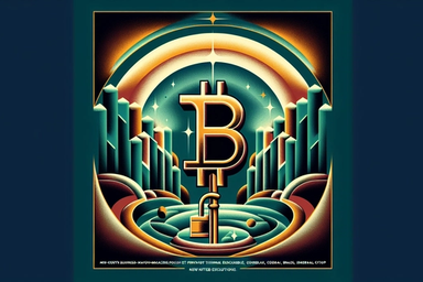 Colorful graphic featuring a large Bitcoin symbol