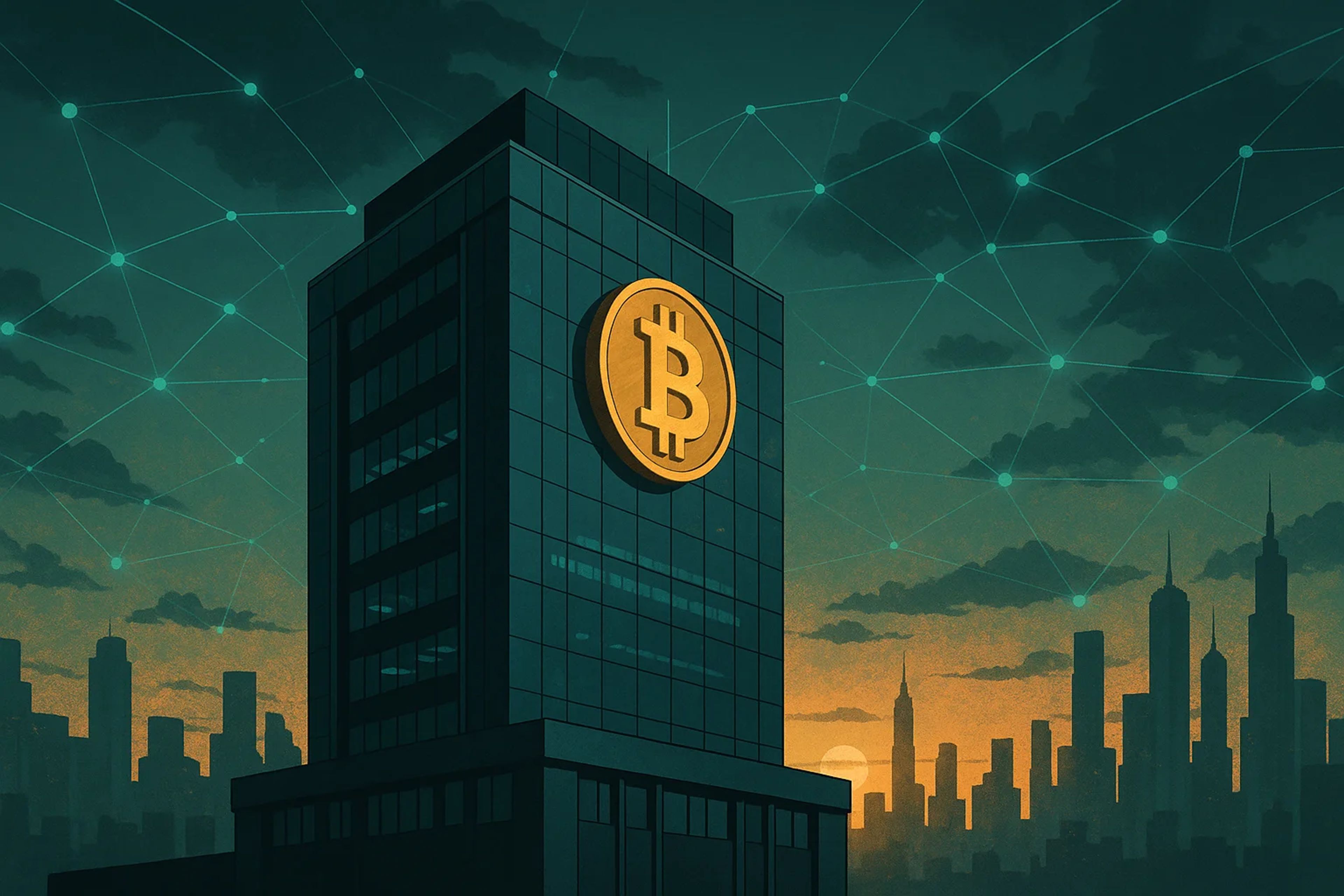A dark building with a large Bitcoin symbol, set