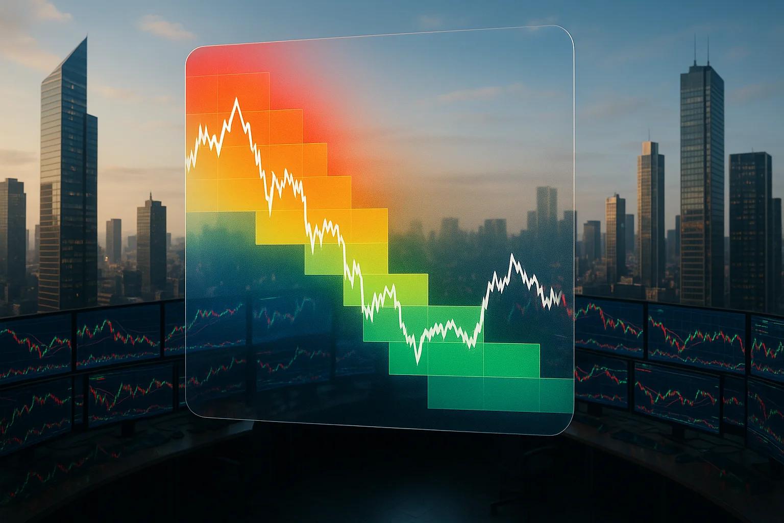 Colorful stock market graph overlaying a city