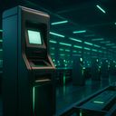 Futuristic kiosk in a dimly lit, green-lit space