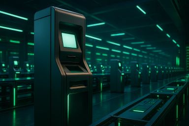 Futuristic kiosk in a dimly lit, green-lit space