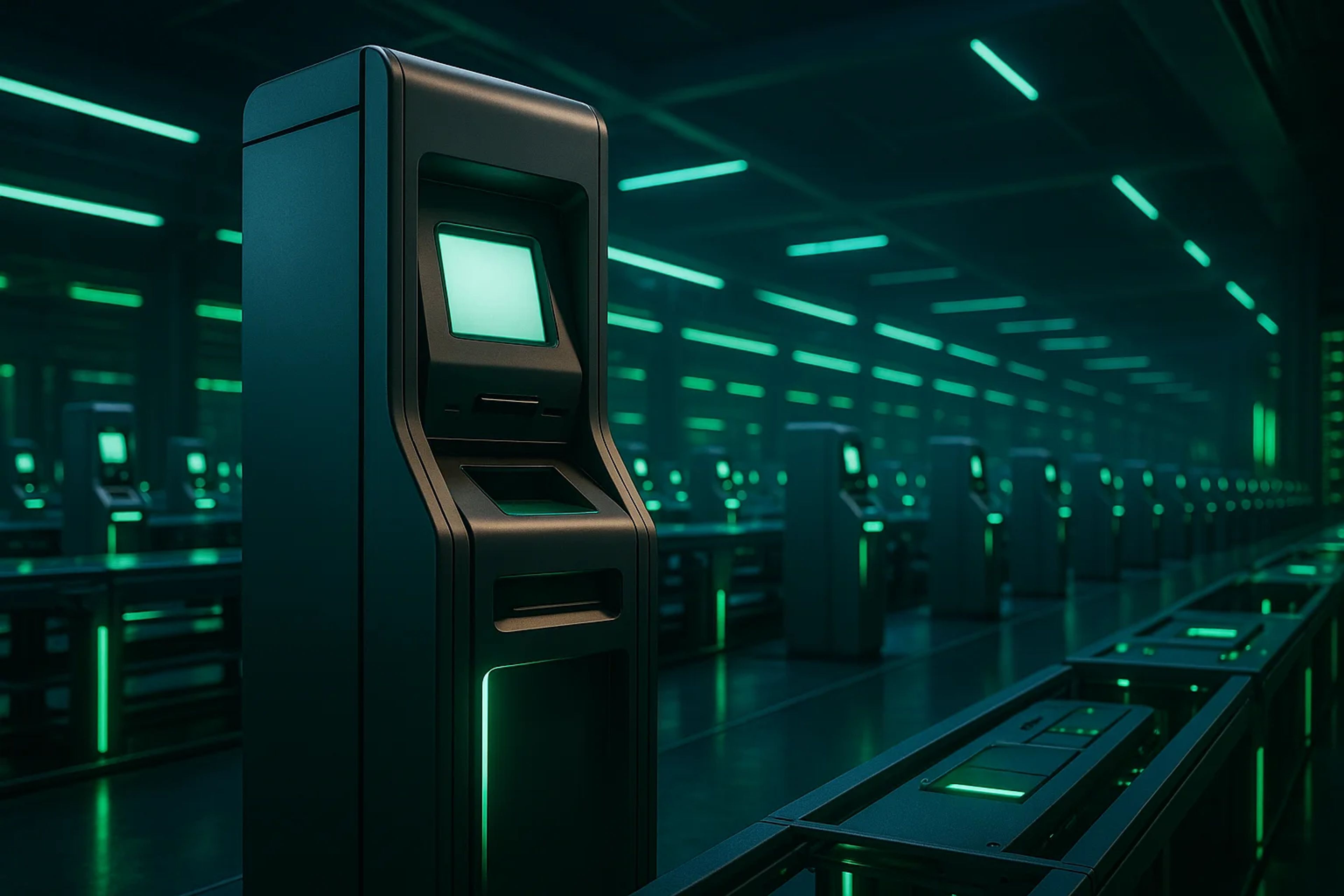 Futuristic kiosk in a dimly lit, green-lit space
