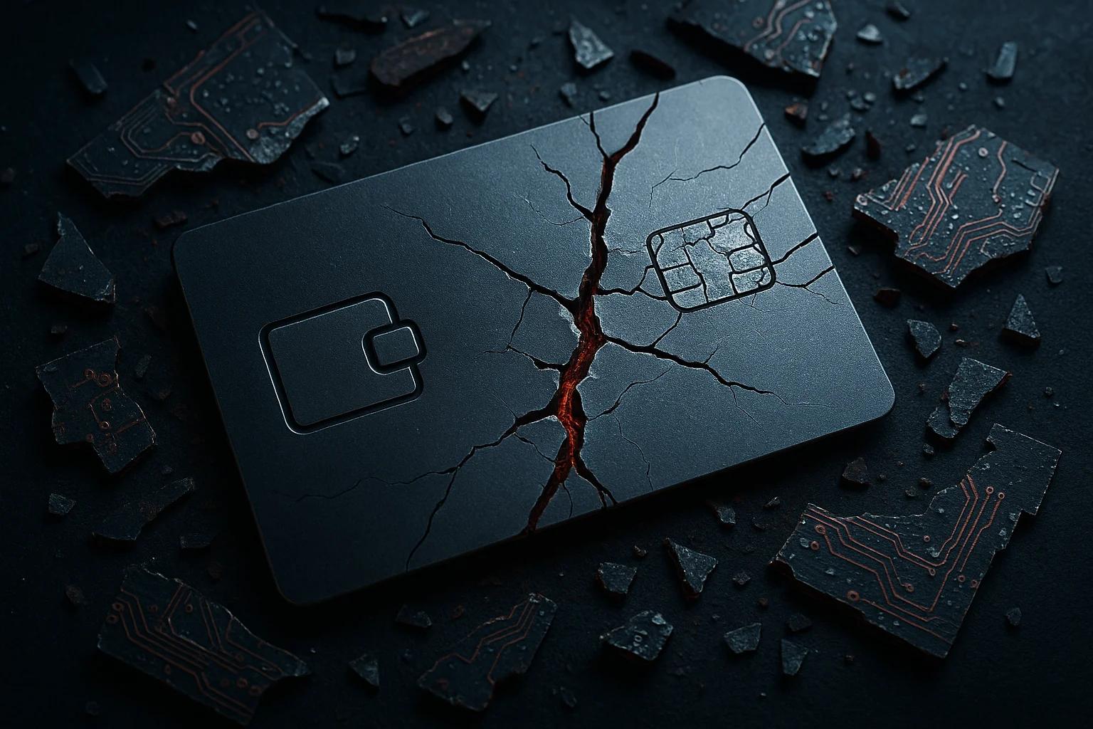 A cracked black credit card surrounded by