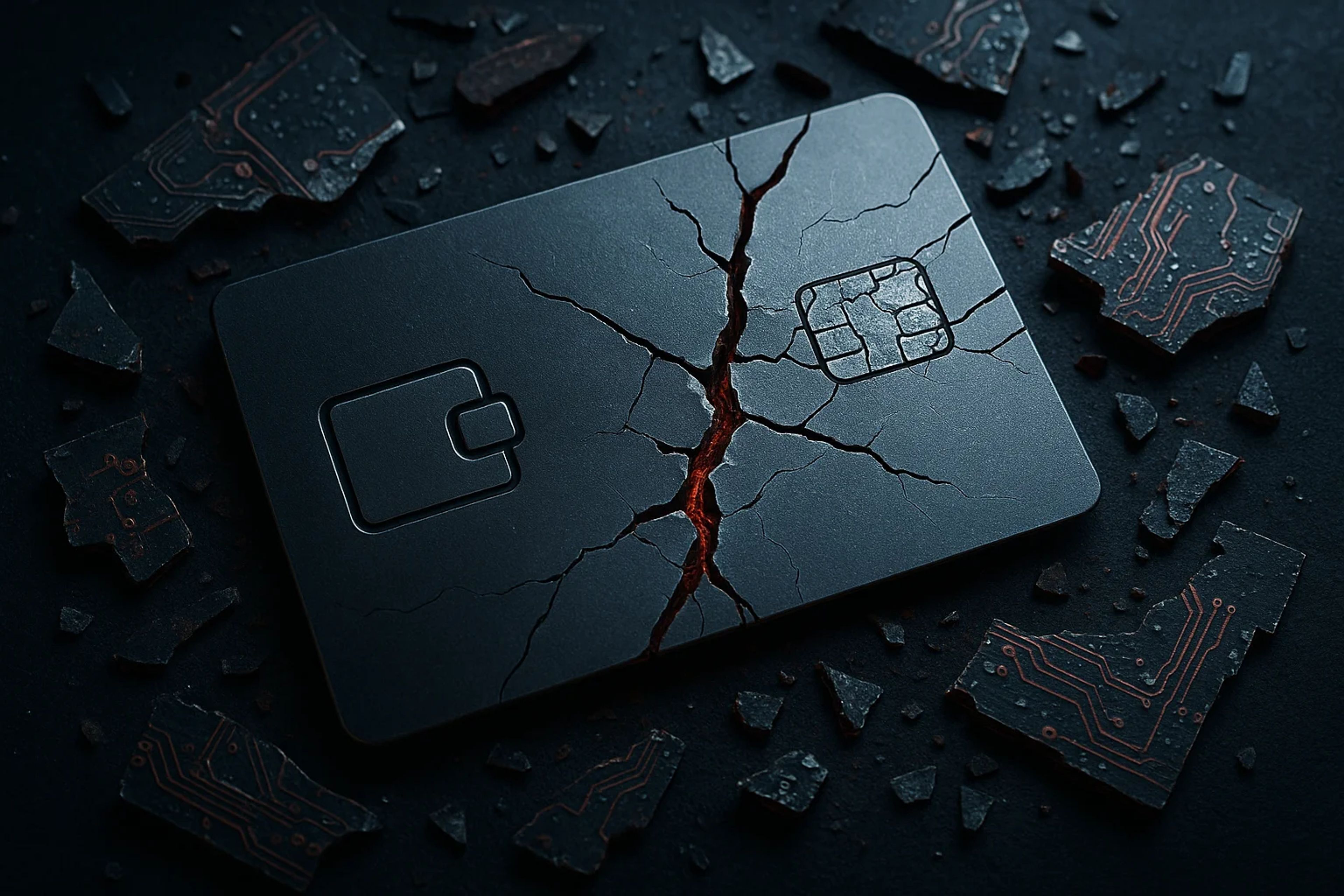 A cracked black credit card surrounded by