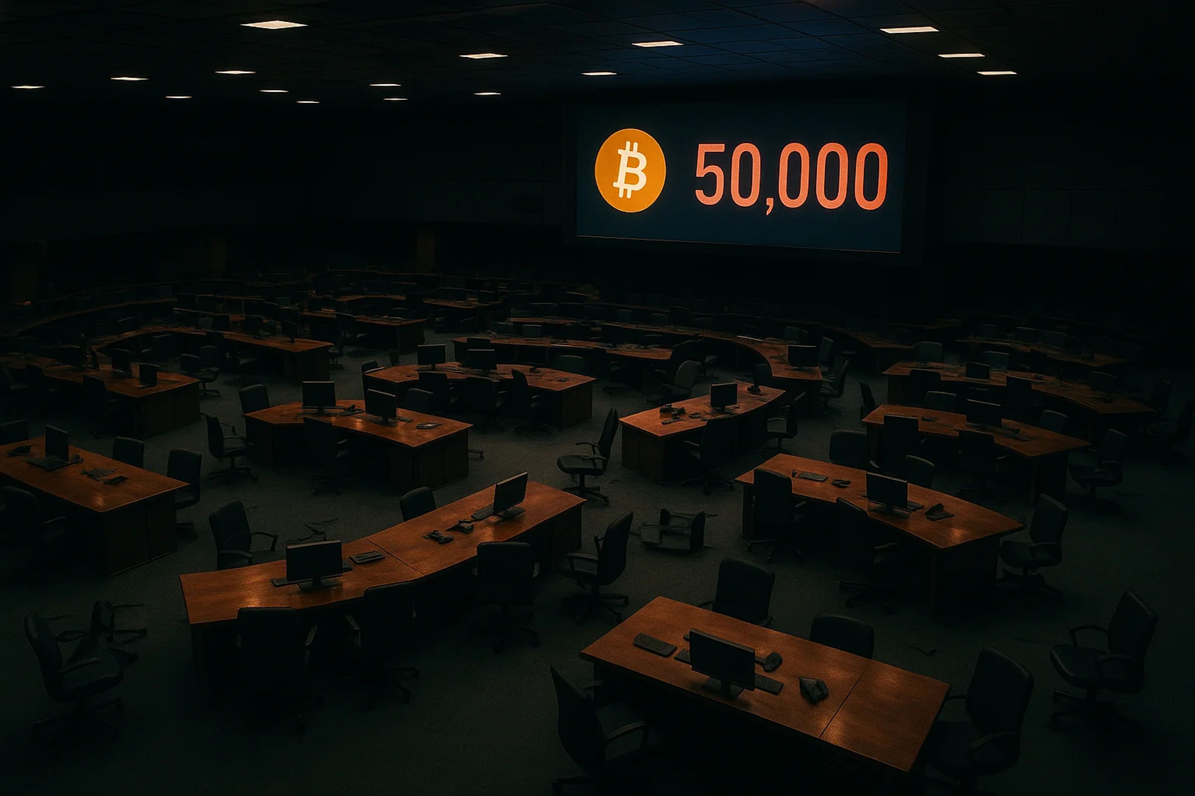 Dimly lit room with empty desks and chairs