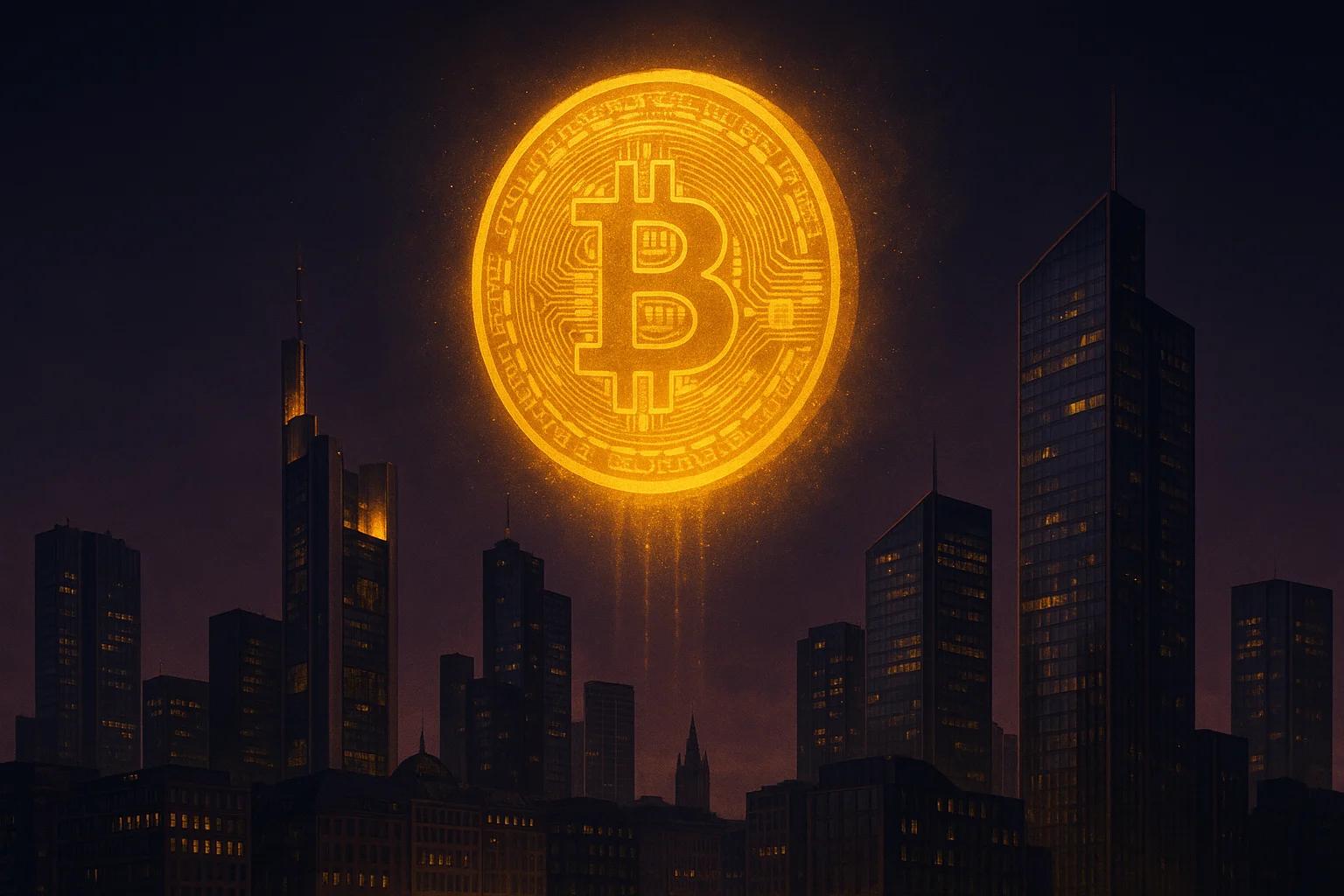 A glowing Bitcoin symbol above a city skyline at