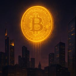 A glowing Bitcoin symbol above a city skyline at