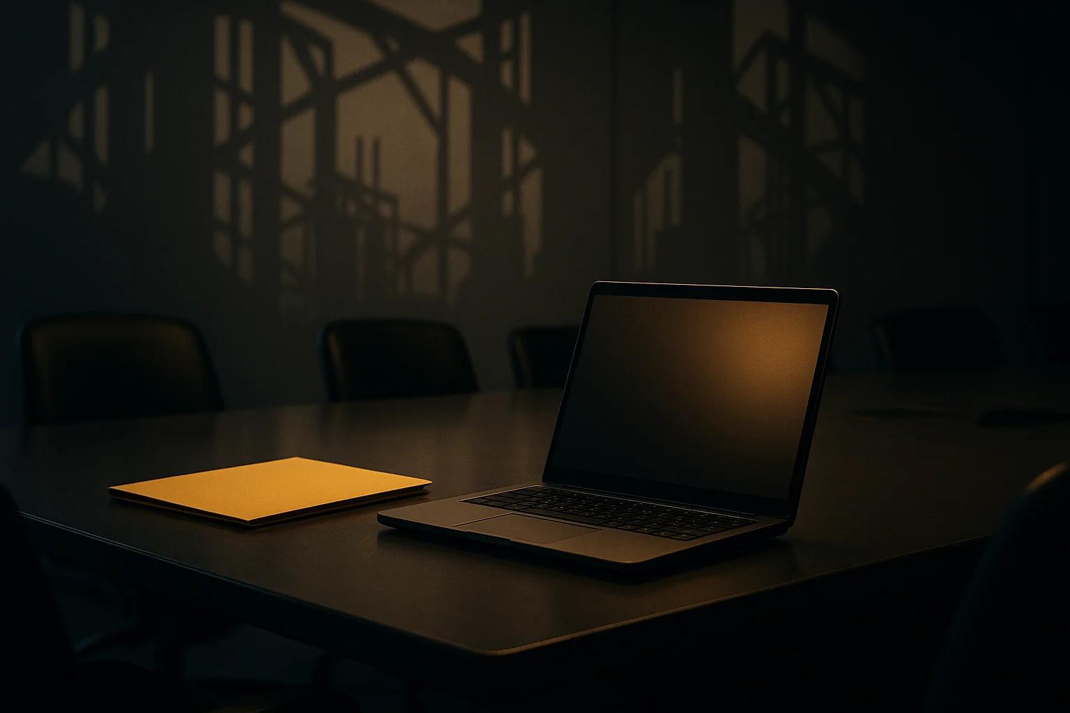 A laptop and a yellow folder on a dark conference