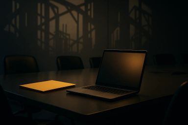 A laptop and a yellow folder on a dark conference