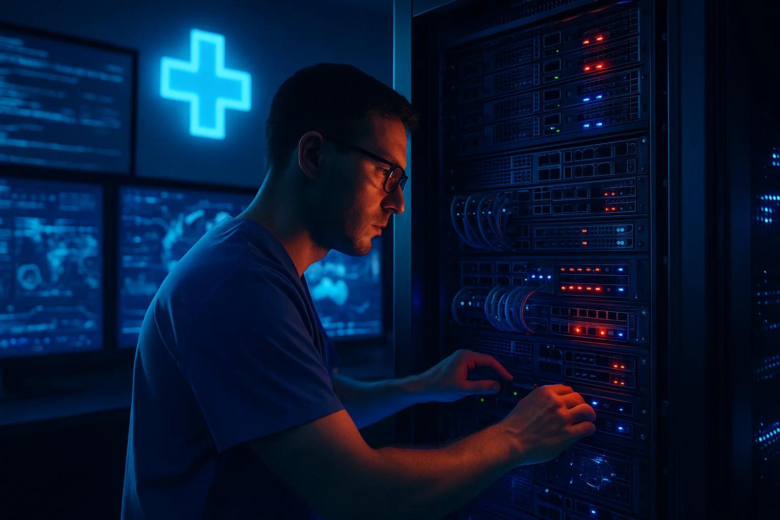 A person in scrubs adjusts server equipment in a