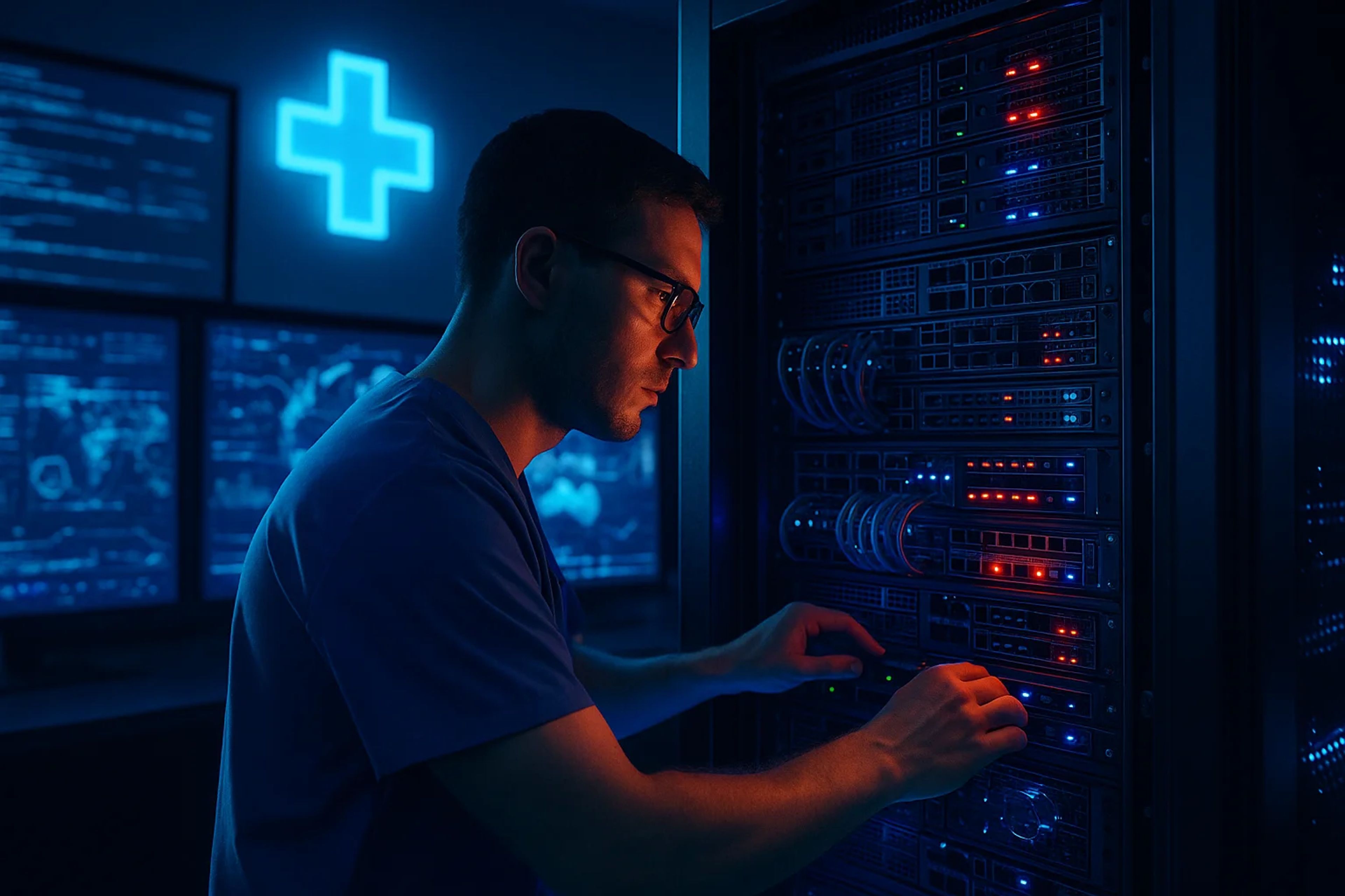 A person in scrubs adjusts server equipment in a